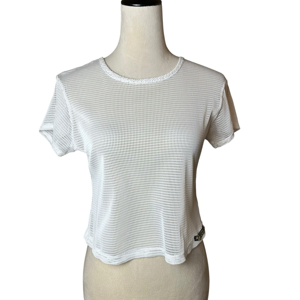 Vintage Gold's Gym White Mesh Nylon Workout Crop Top XL | 90s Athleisure Fitness
